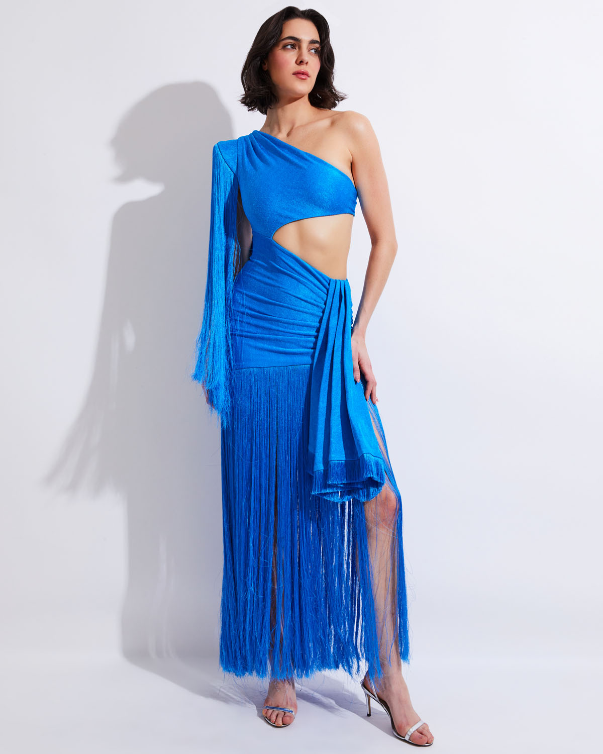 one shoulder open blue dress