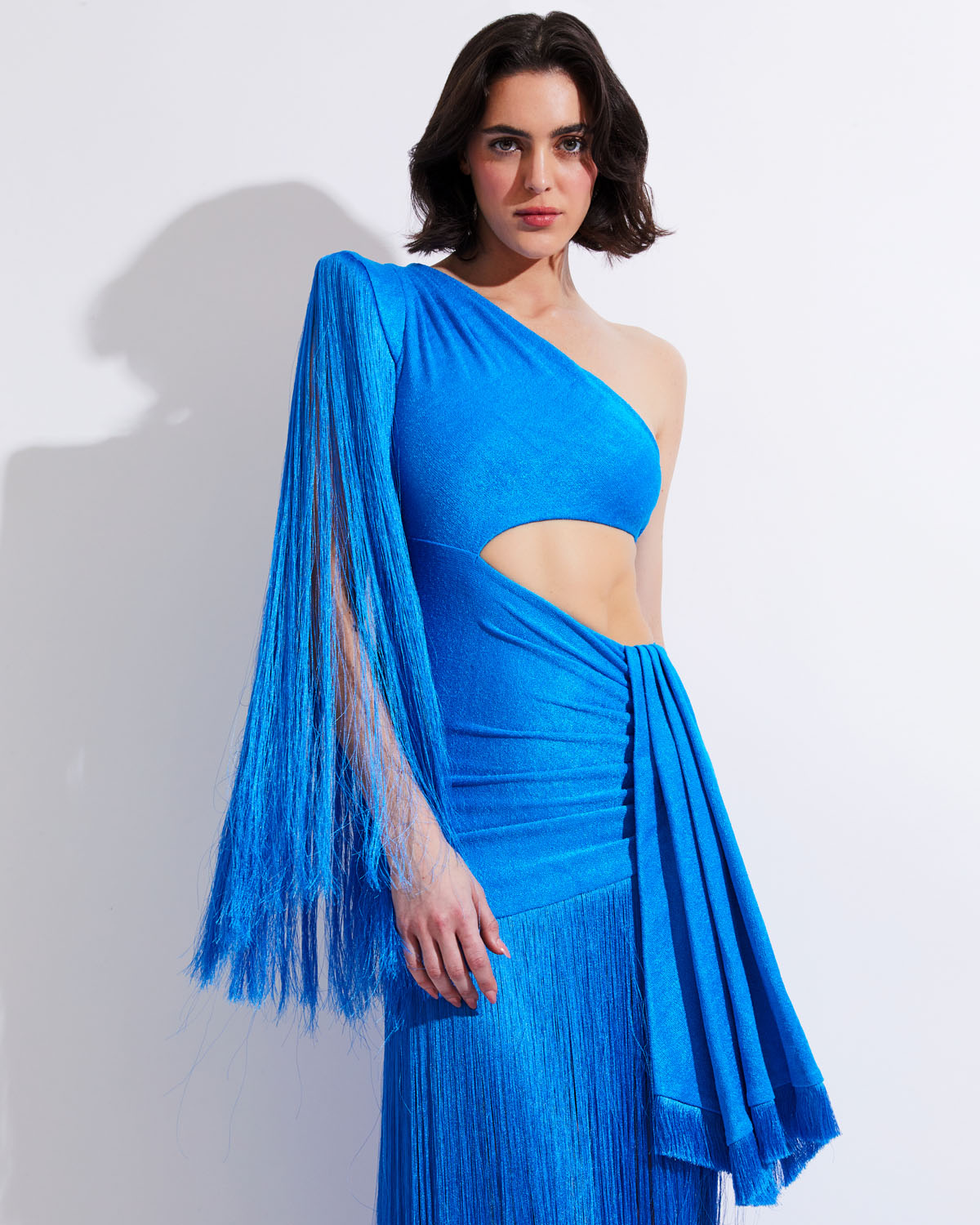 one shoulder blue dress