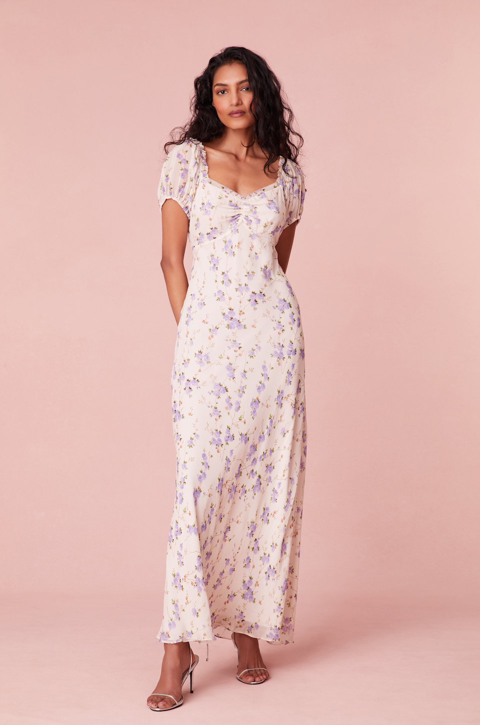 long short sleeve dress with lilac floral print