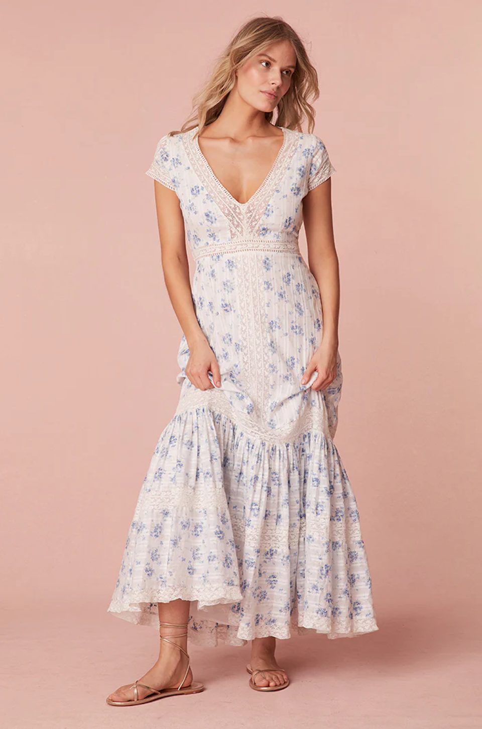 long blue floral print dress